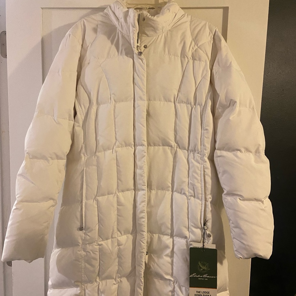 NWT Eddie Bauer Cream / White Lodge Down Parka with Removable Fur Hood XL